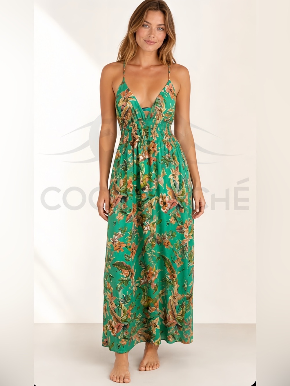 Tropical Floral Sleeveless Backless Green Maxi Dress